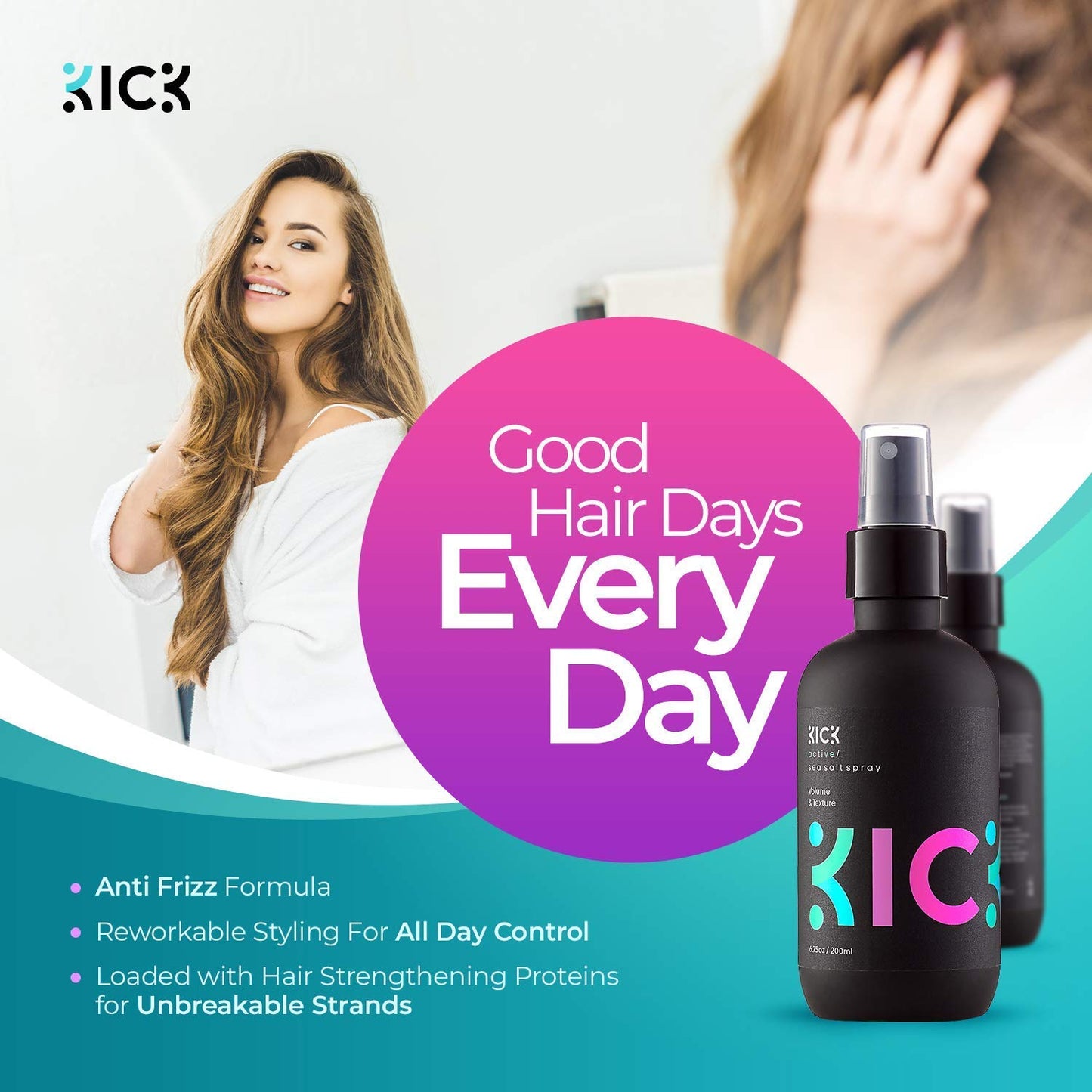 Kick Shampoo +Conditioner +Sea Salt Spray-Style Essentials Bundle High Performance Anti-Dandruff Cleansing/Conditioning for Thinning Hair, Natural Texturizing Spray for Volume-For Men & Women