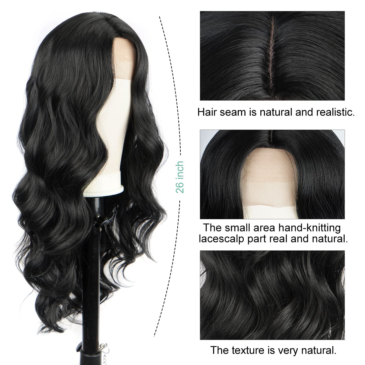 Halcyon Long Black Wavy Wigs for Women 26 inch Synthetic Middle Part Long Black Curly Wig Natural Looking Heat Resistant Fiber Wig for Daily Use