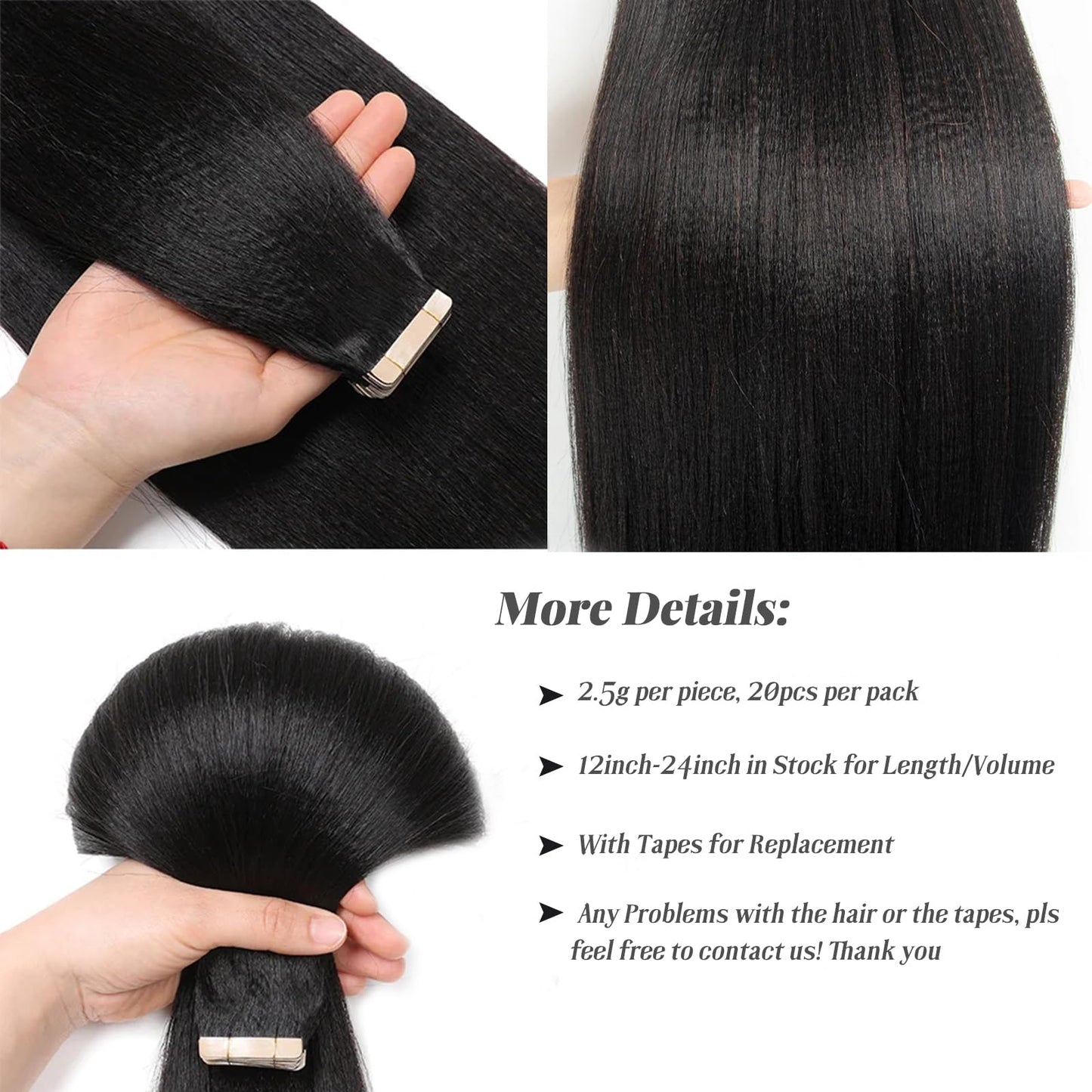 Tape in Hair Extensions Yaki Straight Invisible Black Tape in Hair Extensions Human Hair for Black Women 24 Inch Long Straight Natural Color Real Human Hair Light Yaki Tape in Extensions