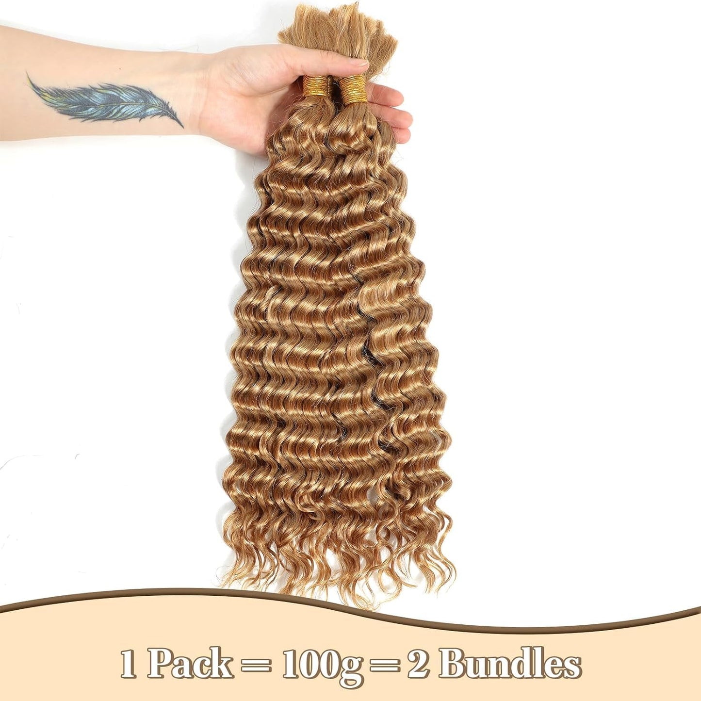 Luxvogue Curly Braiding Human Hair 100g 22 Inch Color 27 Honey Blonde Deep Water Wave Bulk Human Hair for Braiding No Weft Brazilian Virgin Deep Curly Human Hair Extensions for Boho Braids