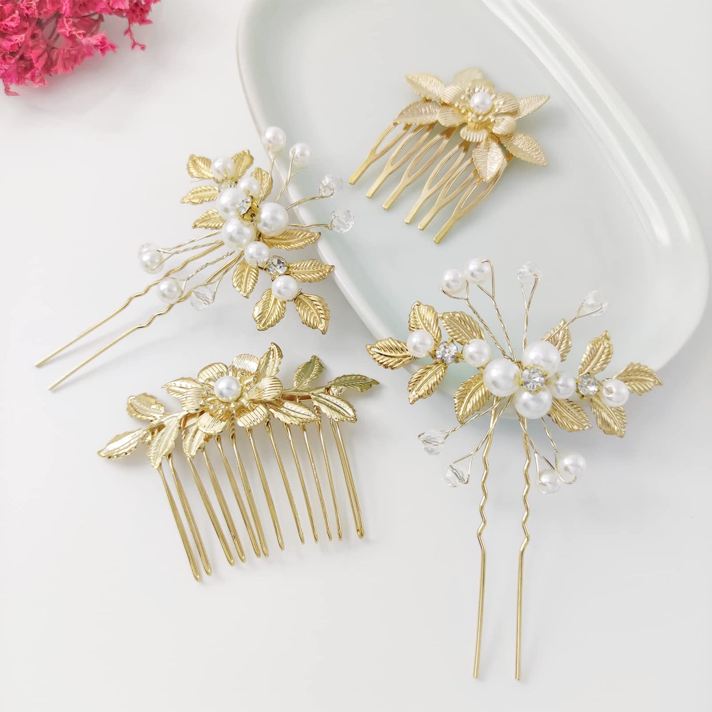 QUEOUNR Gold Bridal Hair Comb, 4PCS Wedding Hair Combs with Rhinestone Pearl Hair Pins Clips Head-piece Hair Accessories for Women Girls,H21