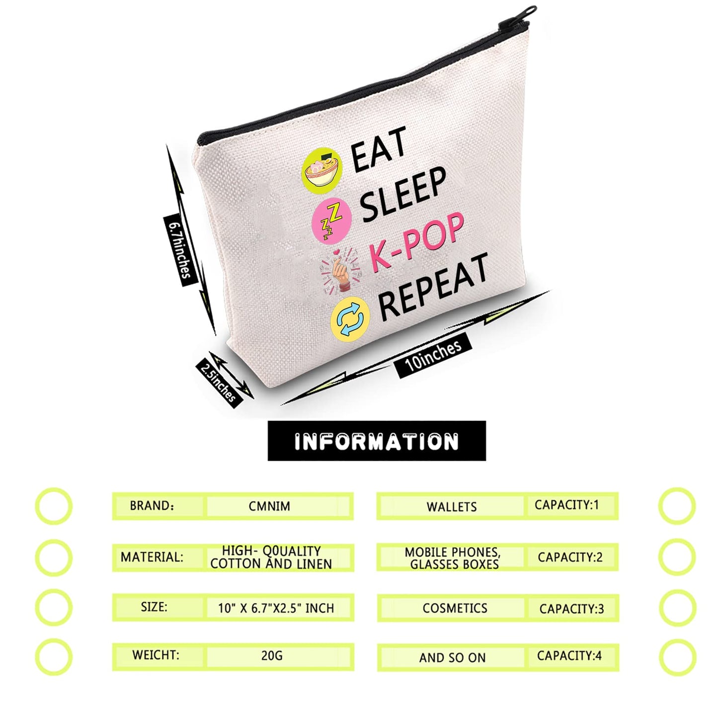 CMNIM K-POP Makeup Bag Eat Sleep K-POP Repeat Travel Pouch K-pop Merchandise Gift for Women Girl (Eat Sleep K-POP Repeat Travel Bag)