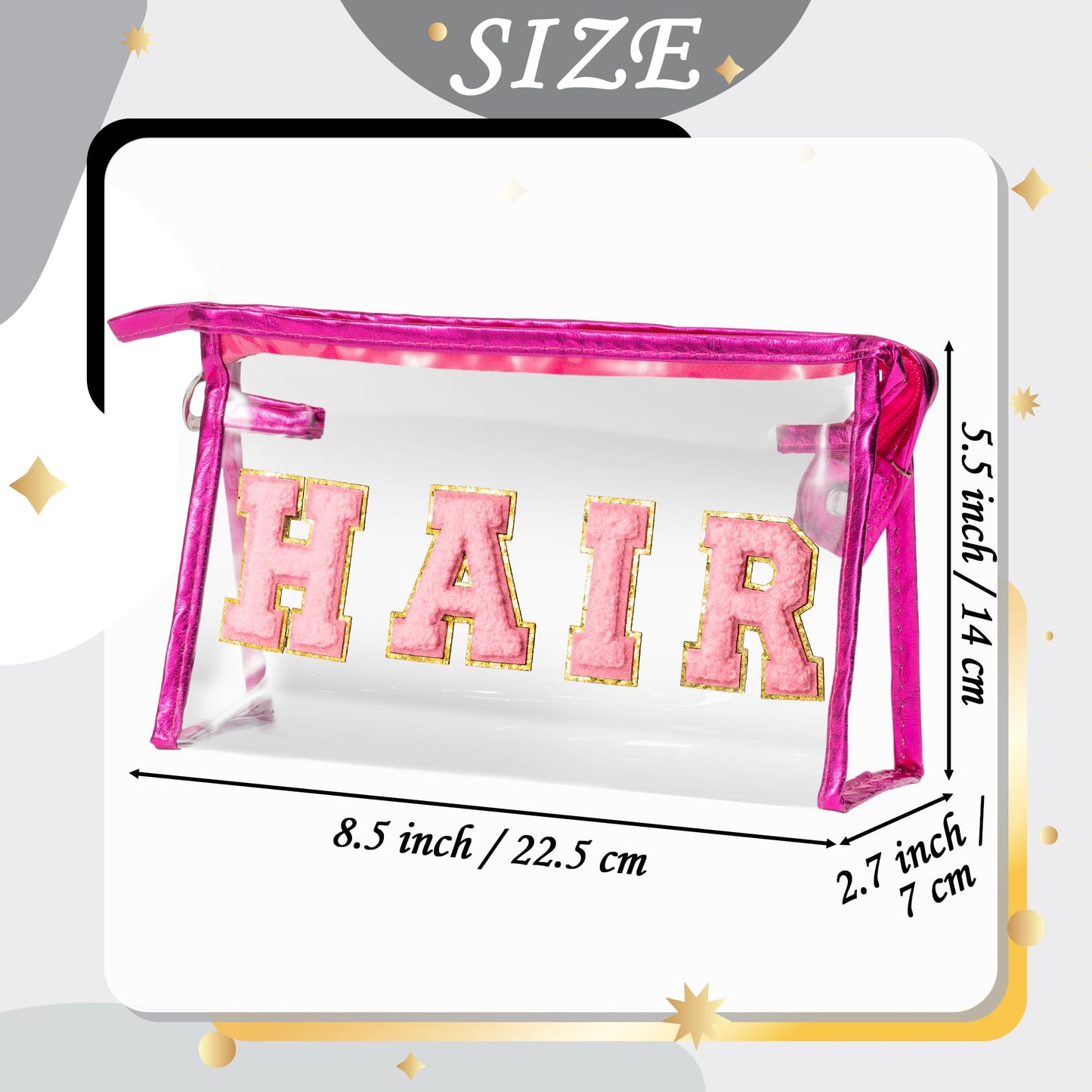 Y1tvei Preppy HAIR Makeup Bag - Summer Patch Pink Chenille Varsity Letter Cosmetic Bag Transparent PVC Zipper Waterproof Portable Beach Travel Storage Pouch Toiletry Organizer for Women(Rose Red)