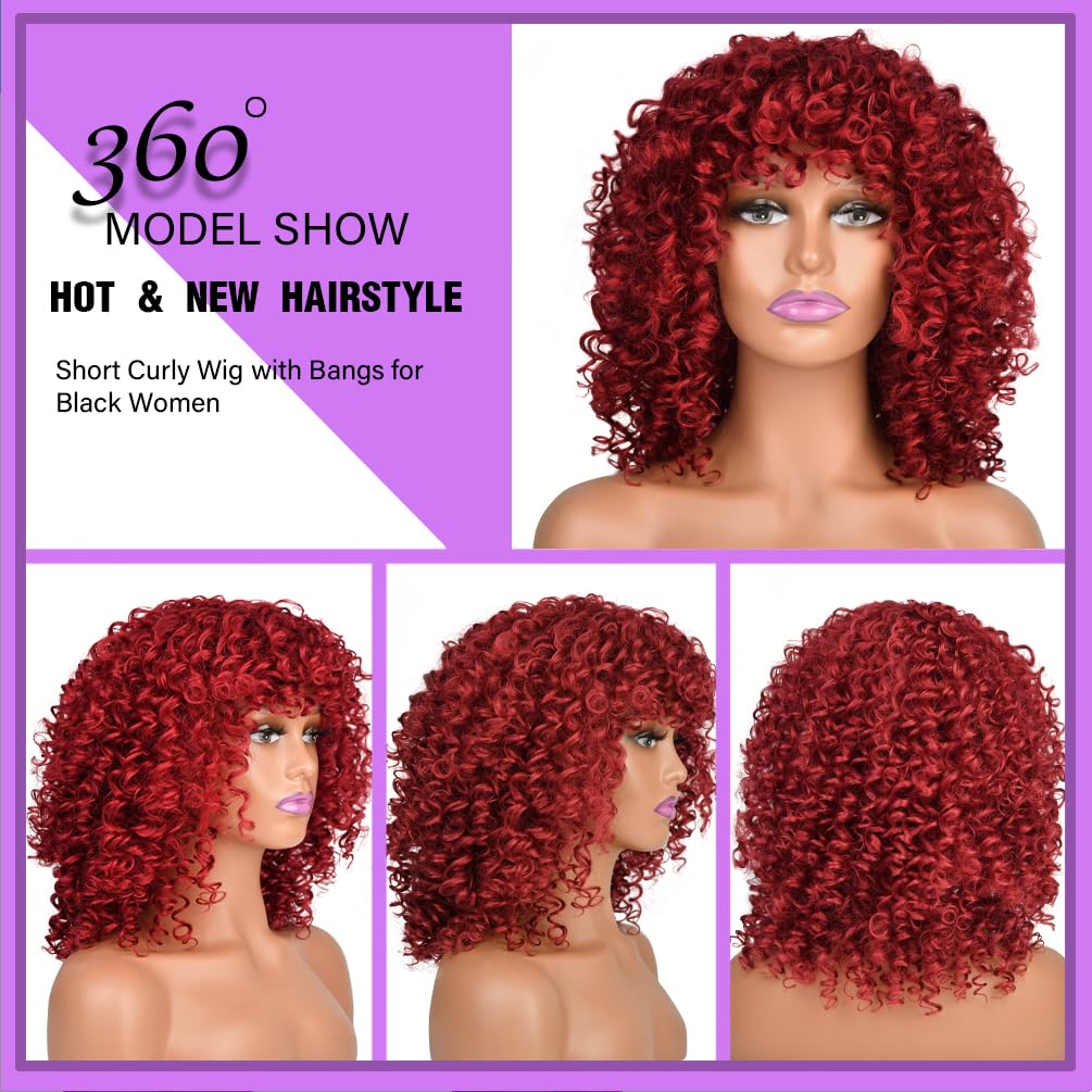 maxknow Curly Wigs for Black Women Fluffy Curly Afro Wig for Women Soft Synthetic Curly Burgundy Wig with Bangs Full Wigs for Women Daily Use (39A Burgundy)