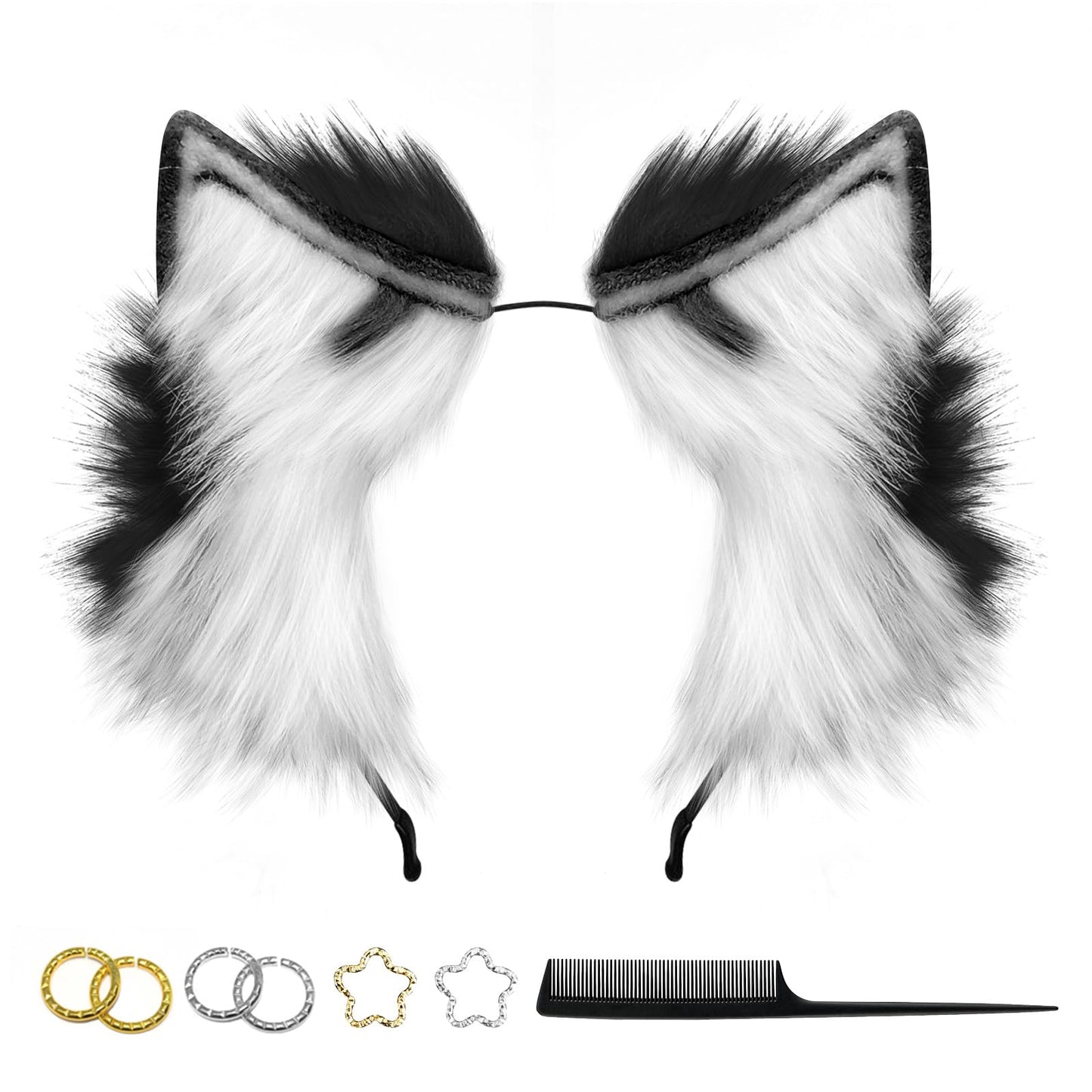 GaliaFaya Cat Wolf Fox Dog Ears Headband Handmade Long Faux fur Cosplay Halloween Costume Party (Brown and White)