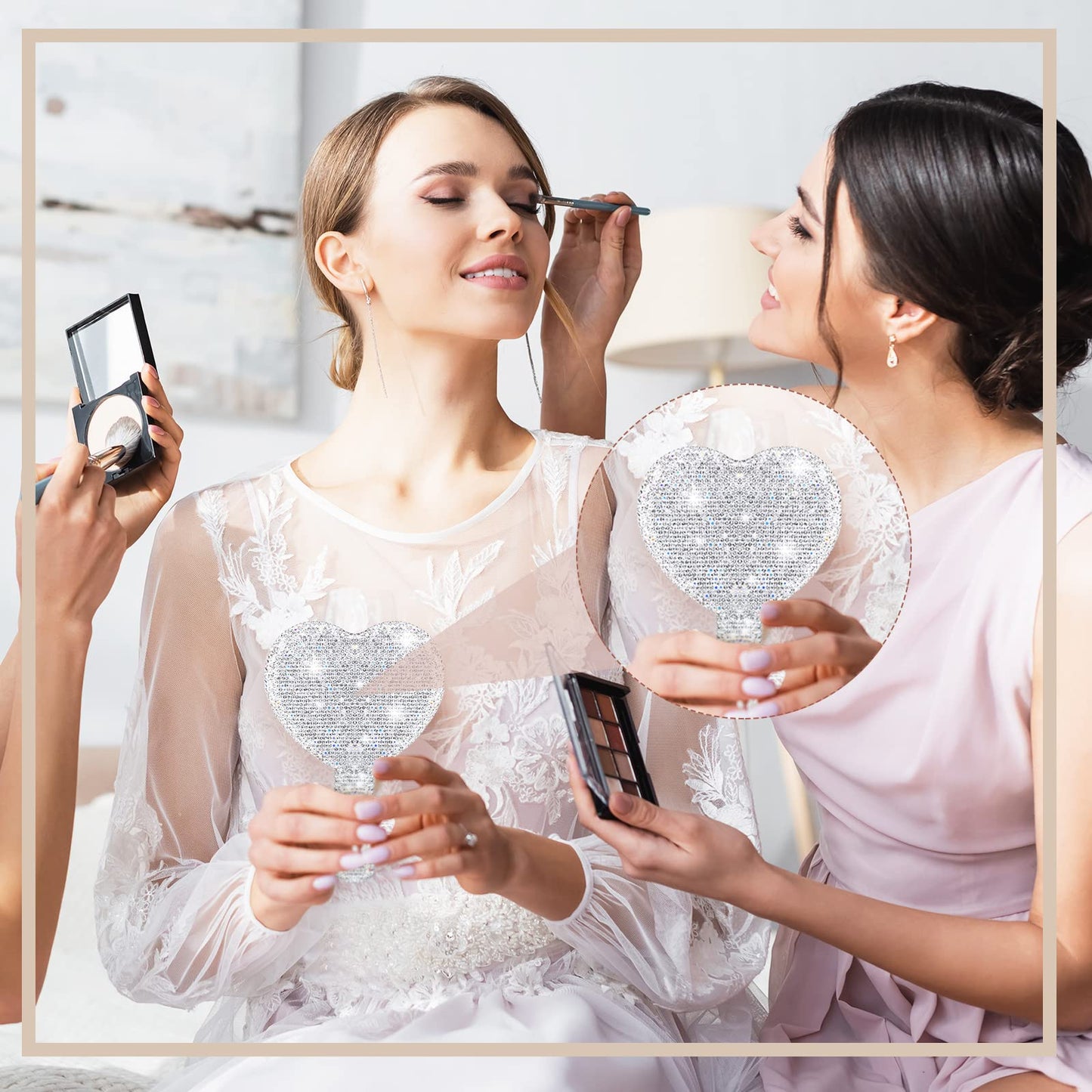 Bucherry 3 Pcs Rhinestone Hand Mirror Heart Shaped Bling Dazzling Hand Held Mirrors Square Round Shape white Cosmetic Portable Decorative Personal Makeup Mirrors for Women Wedding Gift