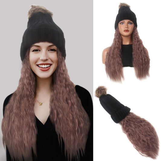 STfantasy Long Purple Wavy Curly Hair Extensions Knit with Beanie Hat 26inch Heat Resistant Synthetic Wig Sewing Hairpiece Warm Pom for Women Winter Daily Wear