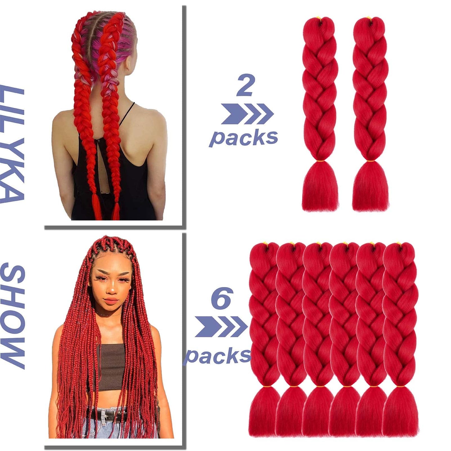 LILYKA SHOW 6 Packs 24 Inch Braiding Hair Extensions for Women Kanekalon Braiding Hair Ombre Jumbo Braiding Hair Extensions High Temperature Synthetic Braiding Hair for Twist Crochet Braids(6 Packs 24",Black to Purple to Rose)