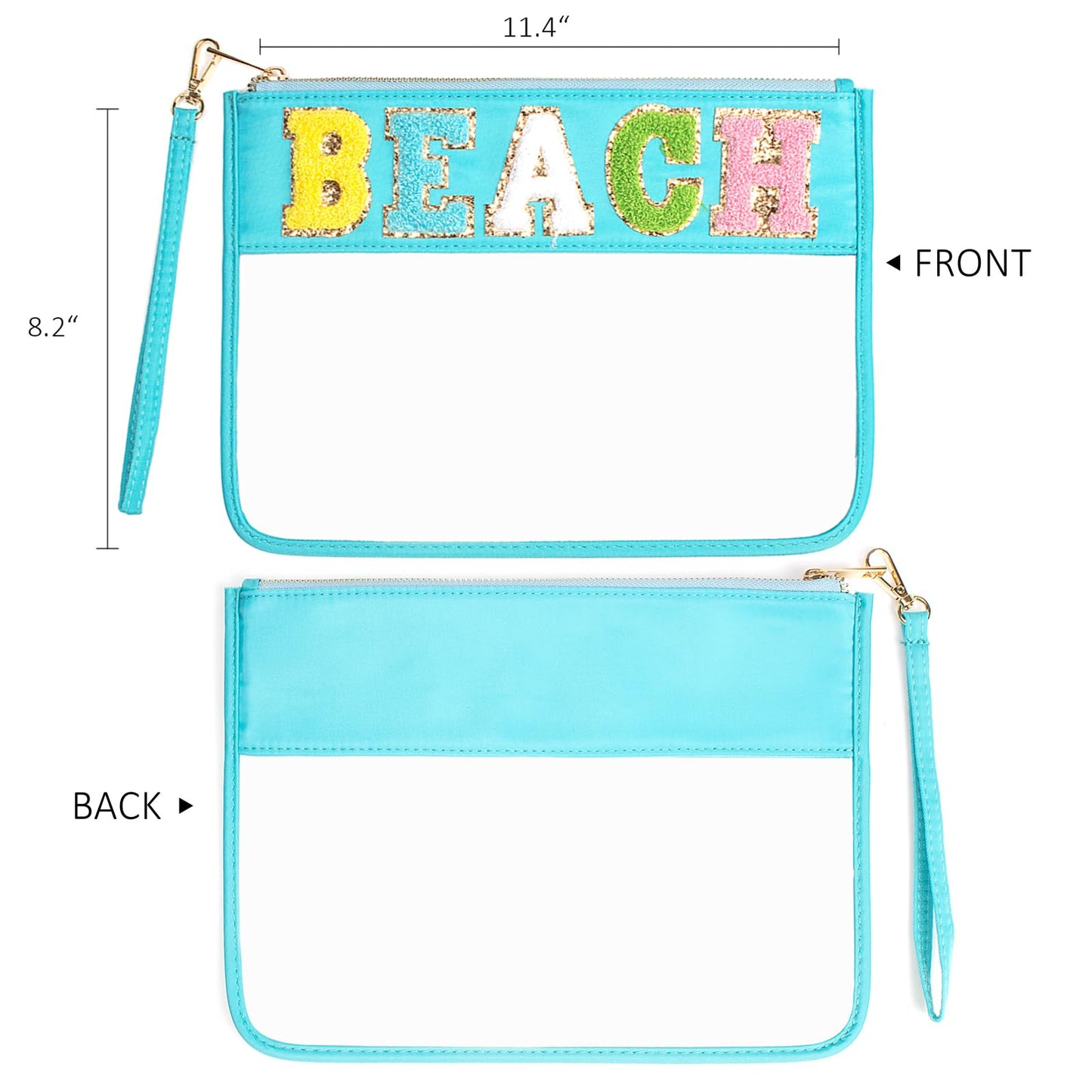 Letter Clear Makeup Bag Pouch for Travel with Zipper Wristlet,Clear Cosmetic Bag for Women Waterproof Snacks Bag Stadium Purse Toiletry Bag (Blue-Beach)