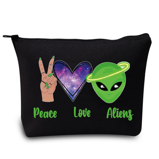 LEVLO Funny Alien Cosmetic Bag Alien Lover Gift Peace Love Alien Makeup Zipper Pouch Bag UFO ET Fans Gift (Peace Alien Black)