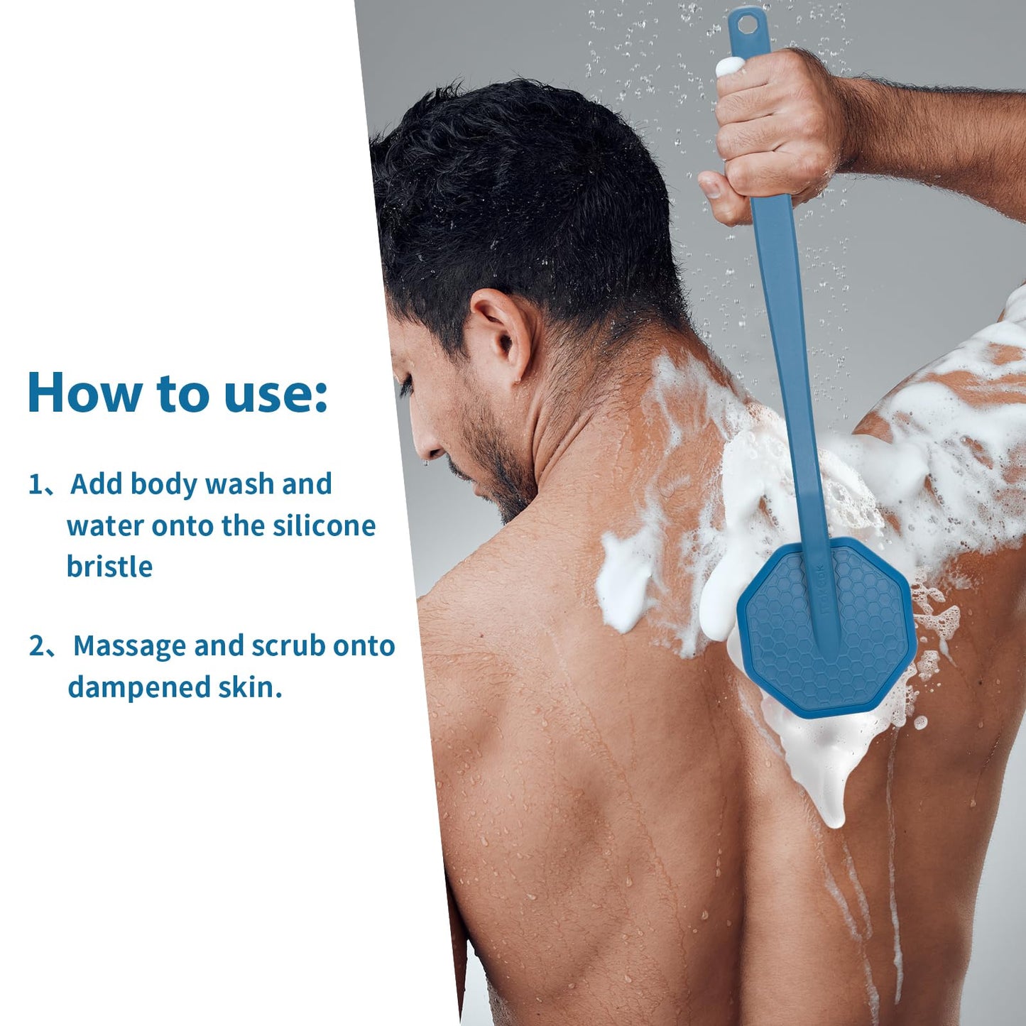 iTokGoK® Silver-Infused Silicone Back Scrubber with Long Handle Back Brush for Shower,Back Brush Long Handle for Men and Women,Ergonomic No-Slip Handle, Long-Lasting & Easy to Clean - Blue