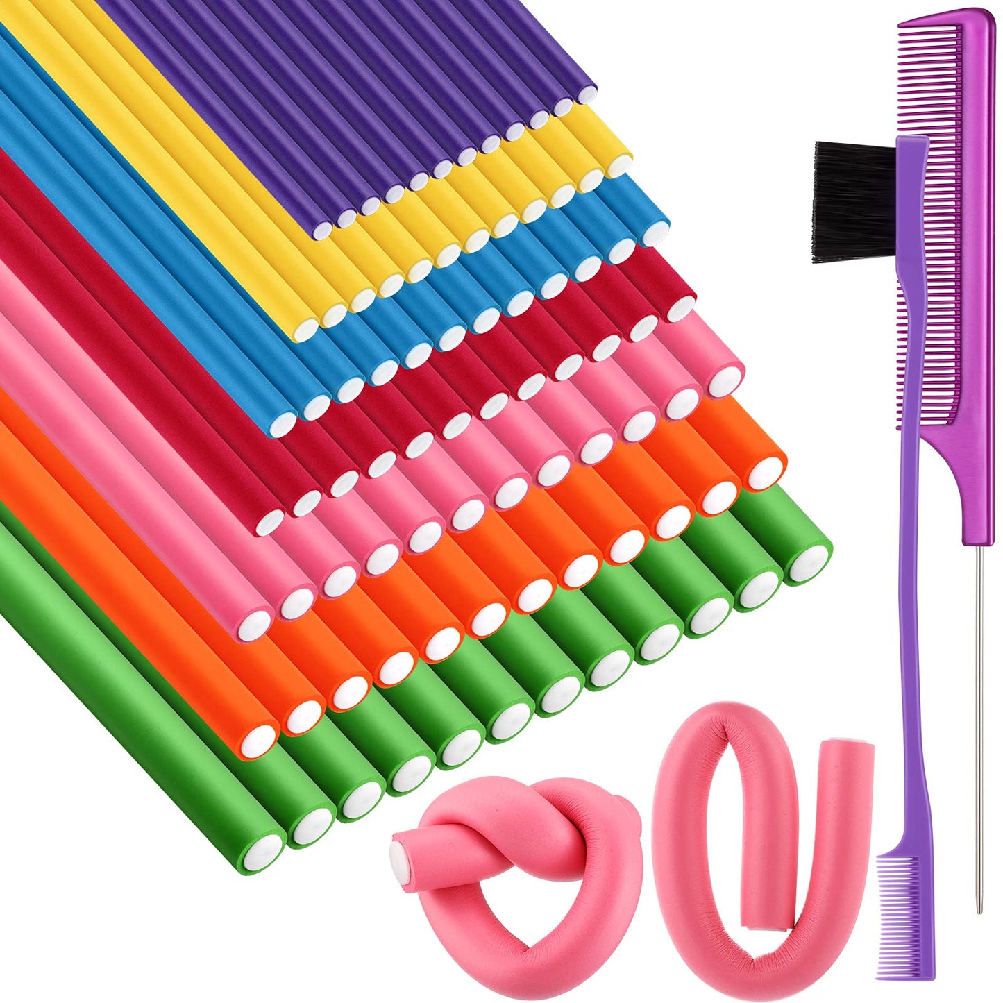 Tigeen 84 Pieces Flexible Curling Rods Twist Foam, Soft Foam Bendy No Heat hair roller with Rat Tail Comb Hair Edge Brush for Short Medium Long Hair, 7 Sizes(Purple)