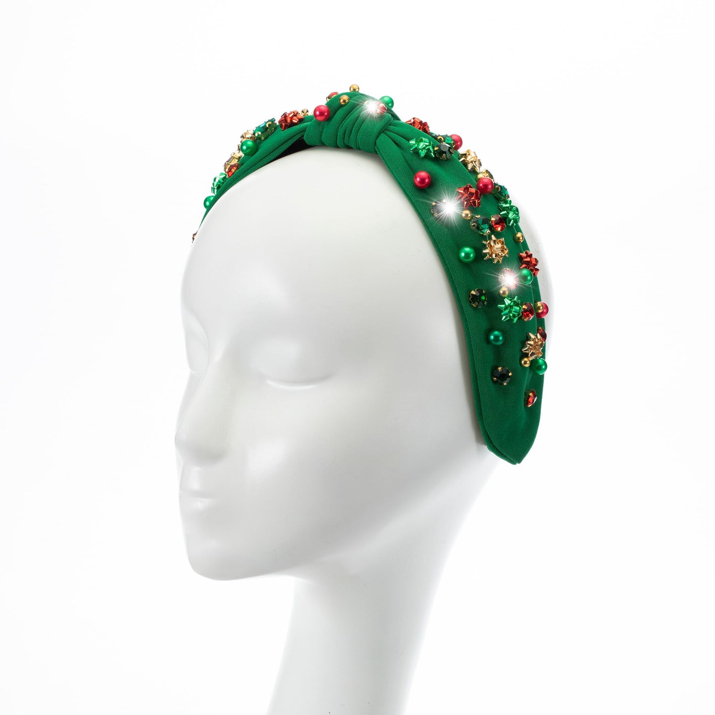 Mixcbe Christmas Bow Green Headband for Women Xmas Red Green Crystal Pearl Jeweled Knotted Headband Xmas Red Green Sparkly Rhinestone Wide Top Knot Headband Hair Accessories Gifts（Xmas-green