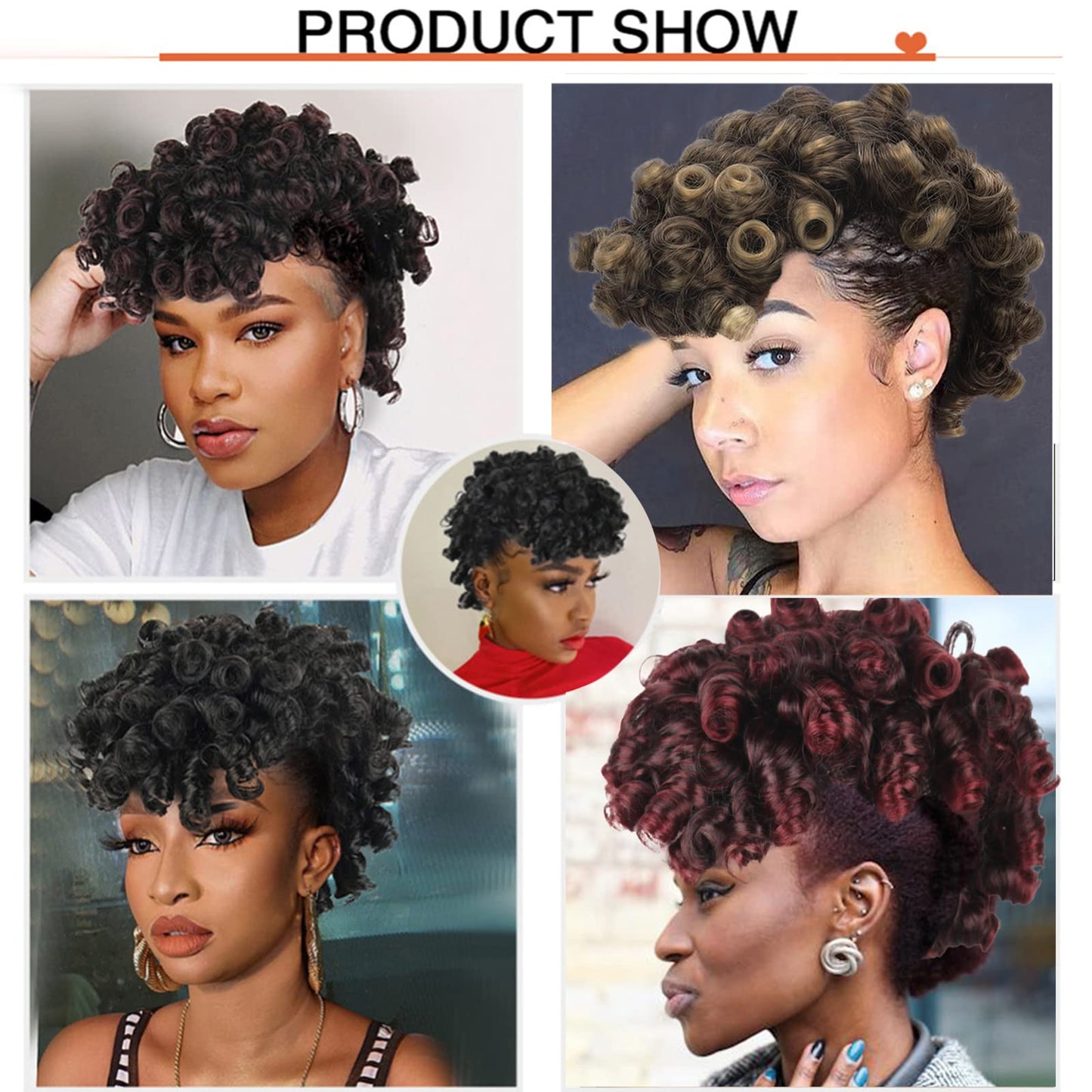 Oseti Short Curly Mohawk Wigs Faux Hawk Hair Clip in Hair Extension for Women Ombre Light Brown Mohawk Ponytail Wig, Deep Wave High Afro Puff Drawstring Ponytail with Bangs Hairpieces for Black Women