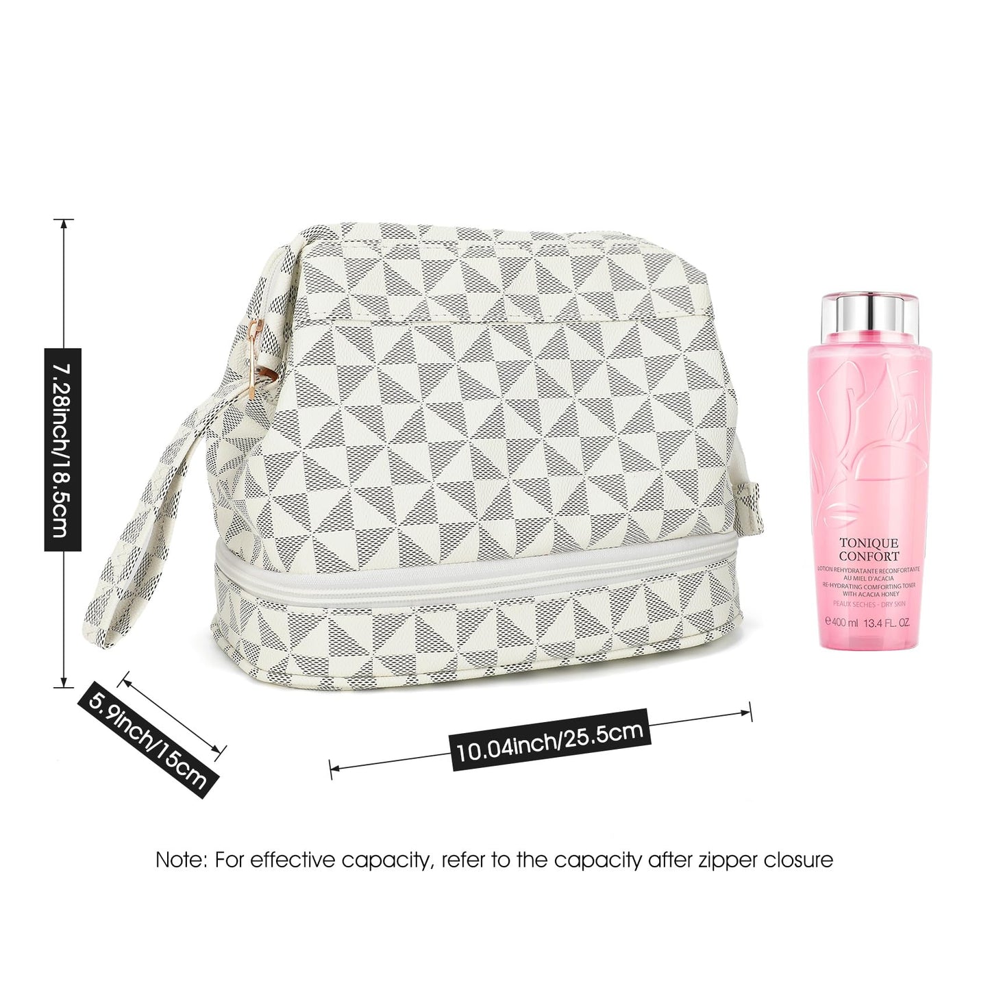 XZQTIVE Makeup Bag Double Layer Checkered Cosmetic Travel Bag Waterproof Toiletry Organizer Bag for Women with Brush Holder, White