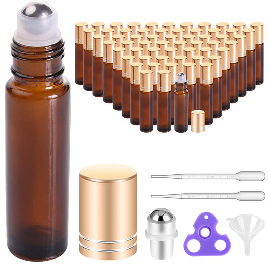 PrettyCare Roller Bottles For Oils 10 ml (Amber Glass, 60 Pack, 10 Extra Stainless Steel Balls, 72 Labels, 4 Opener, 4 Funnels Essential Oil Roller Bottles, Roller on Bottles