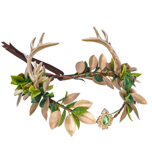 MOSTORY Woodland Fairy Antler Crown - Forest Elf Crown Fairy Headband Flower Deer Horns Crown for Women Renaissance Cosplay Ren Faire Costume Photo Shoot