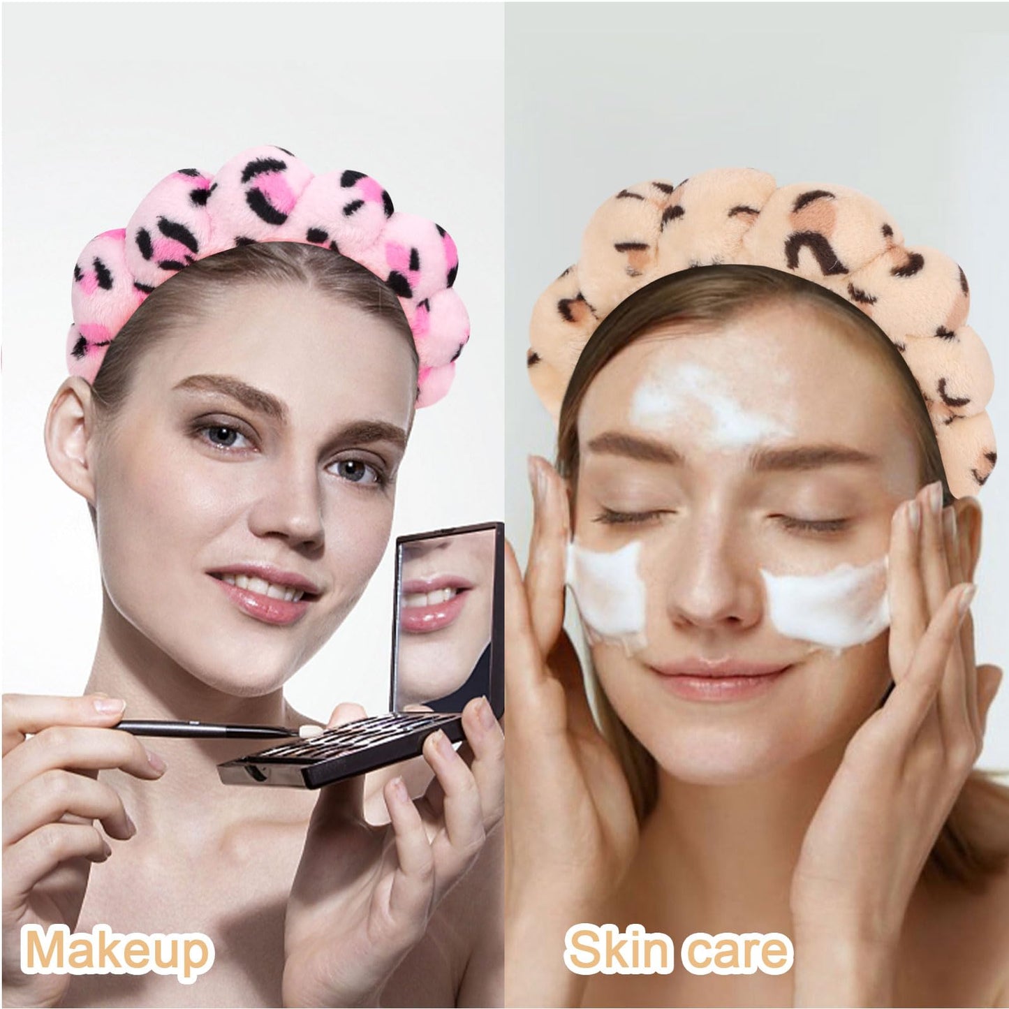 Wecoe 3pcs Skincare Headband For Washing Face Spa Makeup Face Wash Headband Cute Pink Khaki White Cheetah Leopard Printed Puffy Sponge Bubble Headband Hair Accessories For Women Girls Kids Teens Gifts