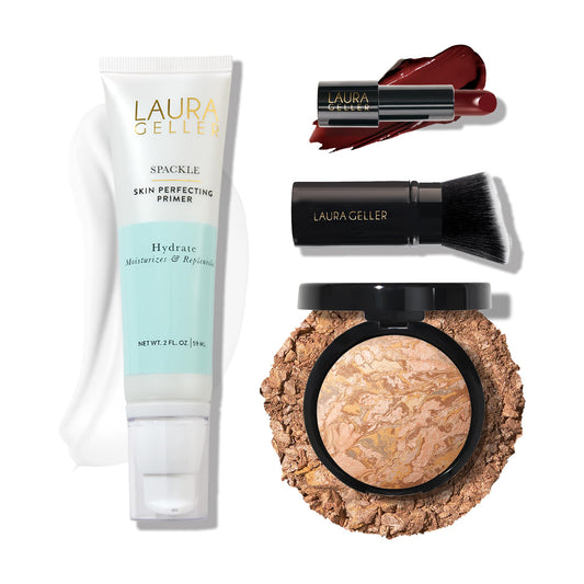 LAURA GELLER NEW YORK Effortless Essentials Kits (4pc): Baked Balance-n-Brighten Foundation, Medium + Spackle Makeup Primer, Hydrate + Modern Classic Cream Lipstick, Berry Bliss + Kabuki