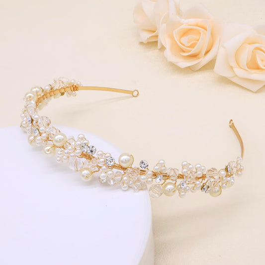 Oriamour Bridal Headband With Pearls Wedding Headpieces For Brides Crystal Party Hair Accessories For Women (Gold)