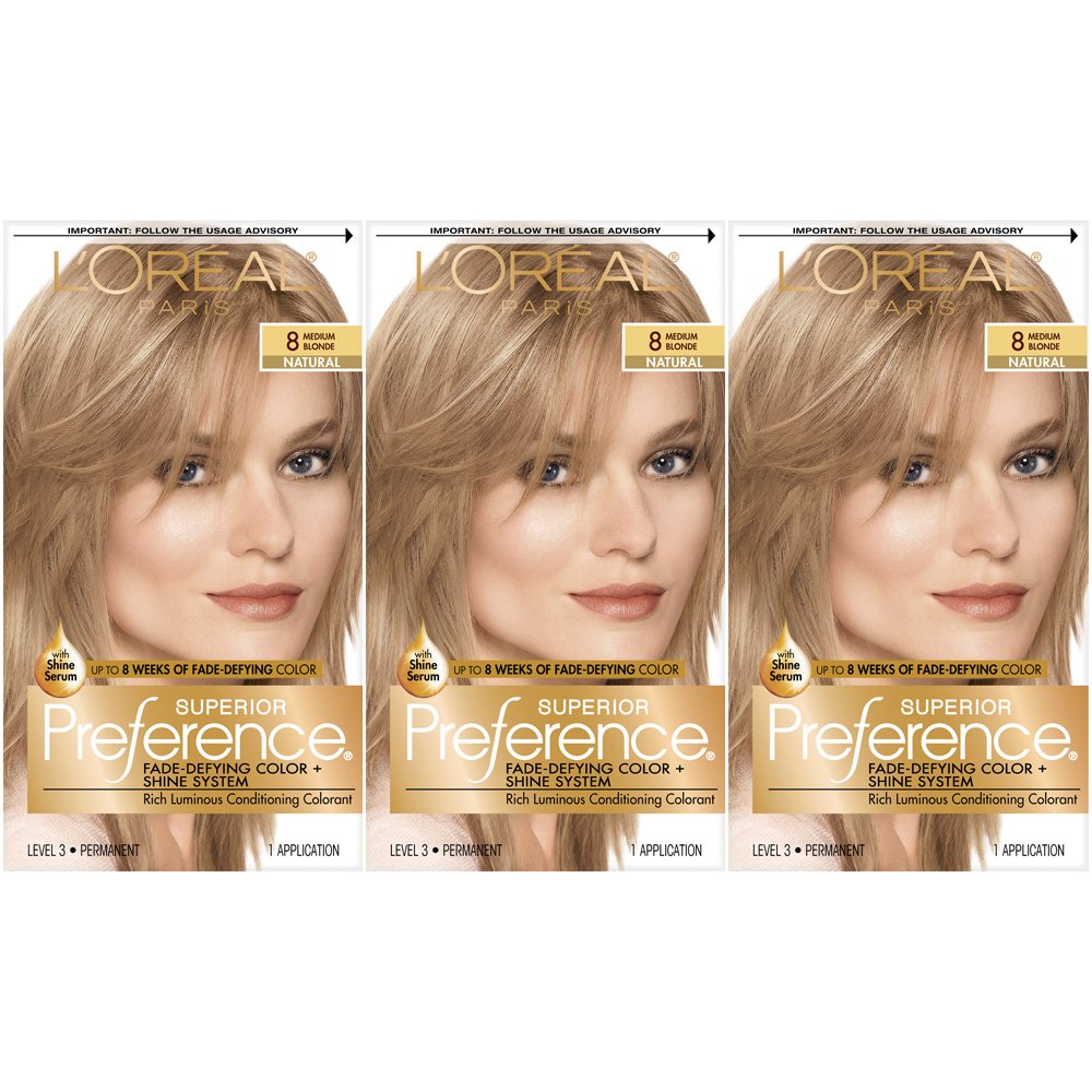 L'Oreal Paris Superior Preference Fade-Defying + Shine Permanent Hair Color, 8 Medium Blonde, Pack of 3, Hair Dye