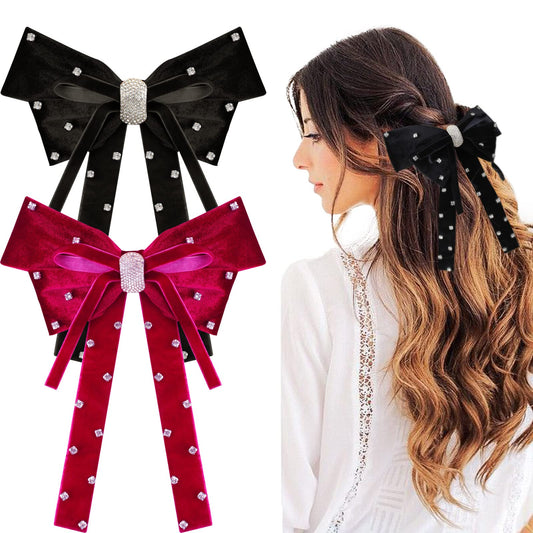 Velvet Hair Bows for Women,Big Bows for Girls Large Diamonds Vintage French Hair Barrettes Long Soft Velvet Bows Hair Accessories