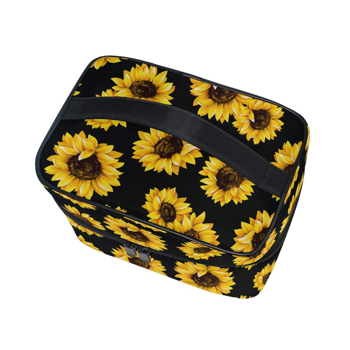 ZOEO Makeup Train Case Sunflower Black Pattern Korean Carrying Portable Zip Travel Cosmetic Brush Bag Organizer Large for Girls Women