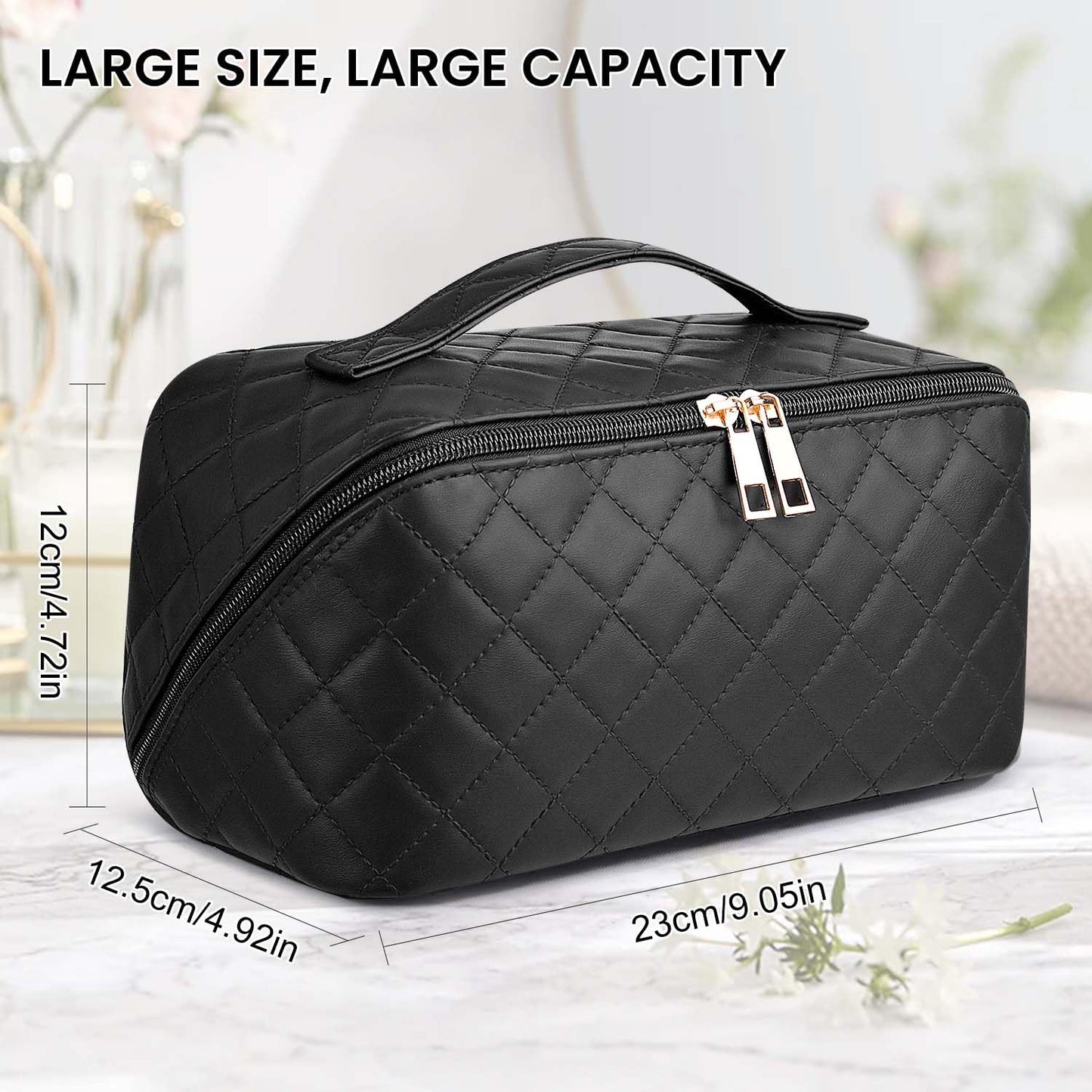 SLUKULU Large Travel Makeup Bag with Multiple Compartments, Waterproof and Easy to Clean. Cute Square Ladies Cosmetics Pouch with Carry Handle for Easy Carrying. (Diamond check/black)