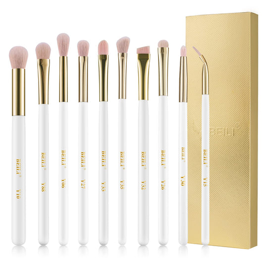 BEILI Eye Makeup Brushes 10Pcs Eyeshadow Brush Set Premium Pink Vegan Synthetic Eye Shadows Blending Concealers Eyebrow Eyeliner Professional Make Up Brushes Set (White/Rose Gold)