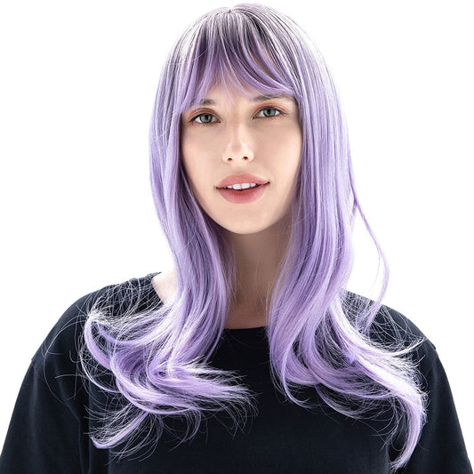 pelosofia long natural wavy with bangs ombre Black to purple for women wigs heat resistant Synthetic comfortable daily party costume wigs