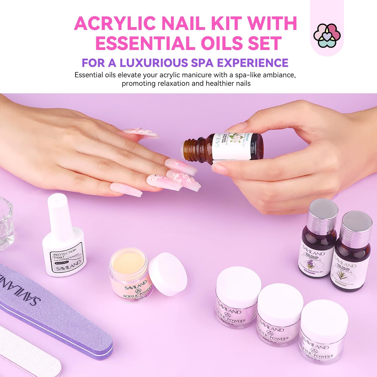 SAVILAND Beginner Acrylic Nail Kit with Everything 100% Essential Oil - 6 Colors Acrylic Powder Nail Starter Kit with Glue Nail Tips Practice Mat Acrylic Nail Kit for Home Practice DIY Nail Extension