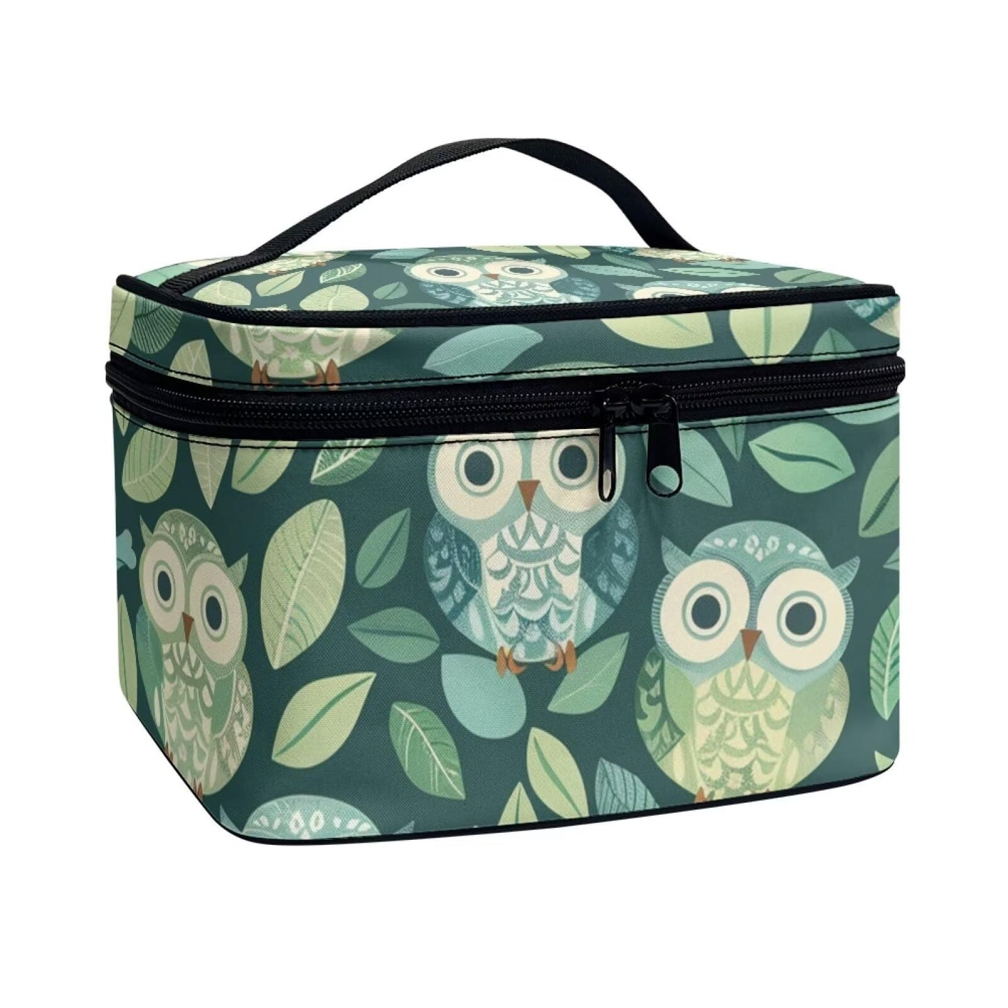 Horeset Green Leaf Owl Print Cosmetic Bag for Women, Portable Soft Makeup Bag Zipper Toiletry Bag Accessories Organizer for Summer Travel