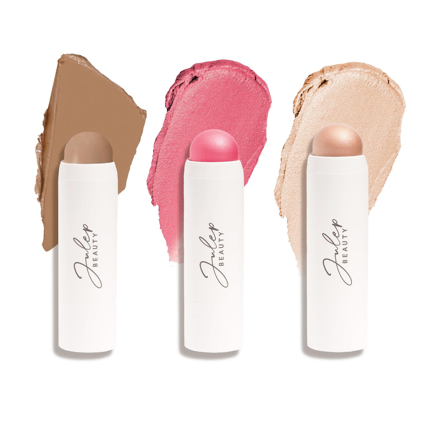 Julep Skip The Brush 2-in-1 Blush and Lip Makeup Stick Contour, Blush, & Highlighter Trio- Sheer Glow (Highlighter), Peony Pink (Blush), Cool Taupe (Fair to Light Skin Tones) - 3pc Set