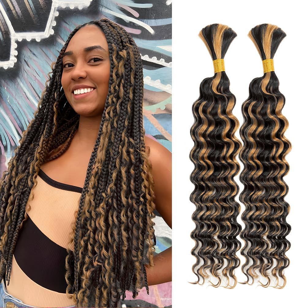 Ombre Human Braiding Hair 1b/27 Highlight Brown Deep Wave Bulk Human Hair for Braiding 100g 2Bundles/Pack No Weft Curly Braiding Hair Bulk Curly Human Hair for Boho Braids (1b/27,20 Inch)