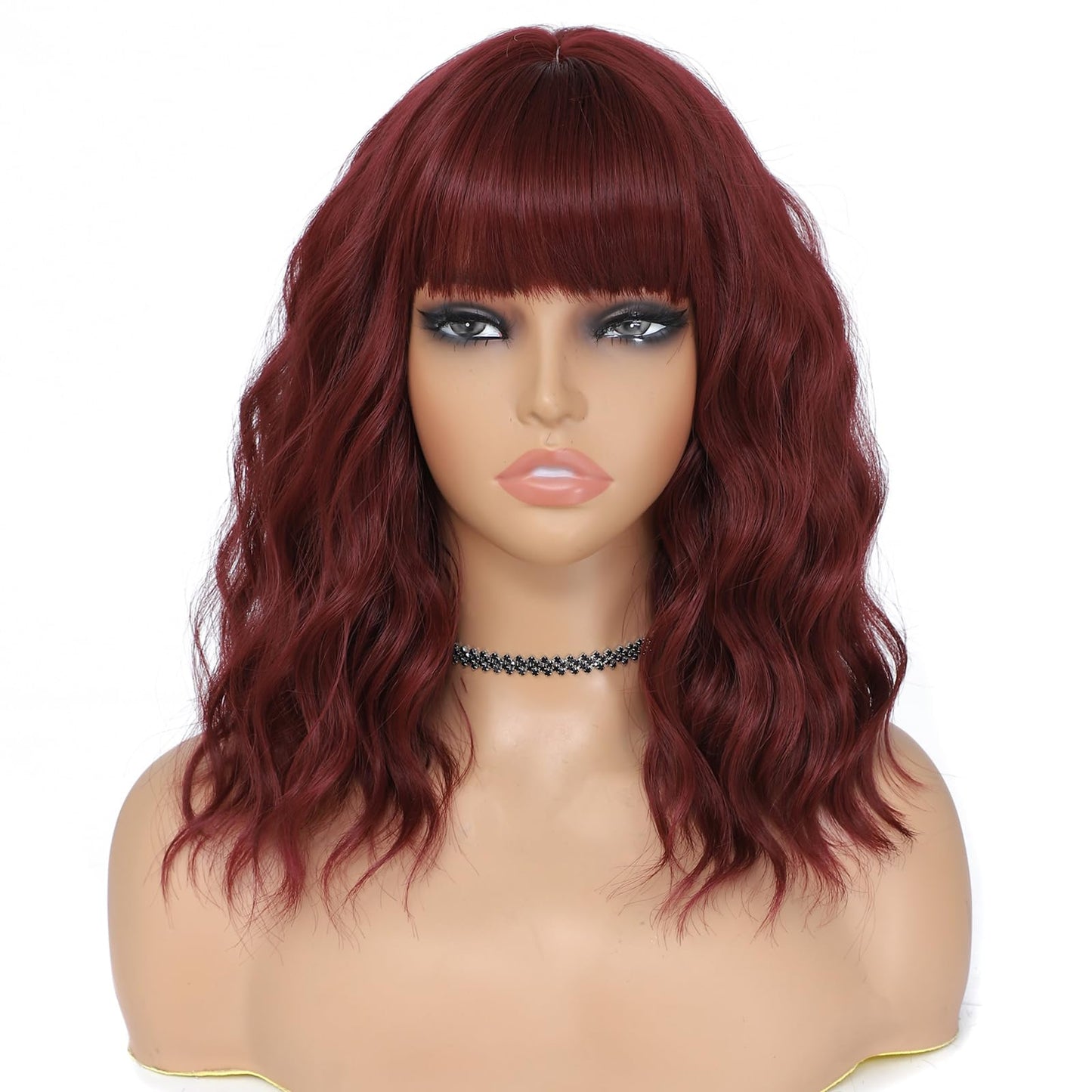 MINLEE Red Wig with Bangs for Women 14 Inch Short Bob Wavy Curly Wig Dark Red Hair Wigs Heat Resistant Synthetic Wigs