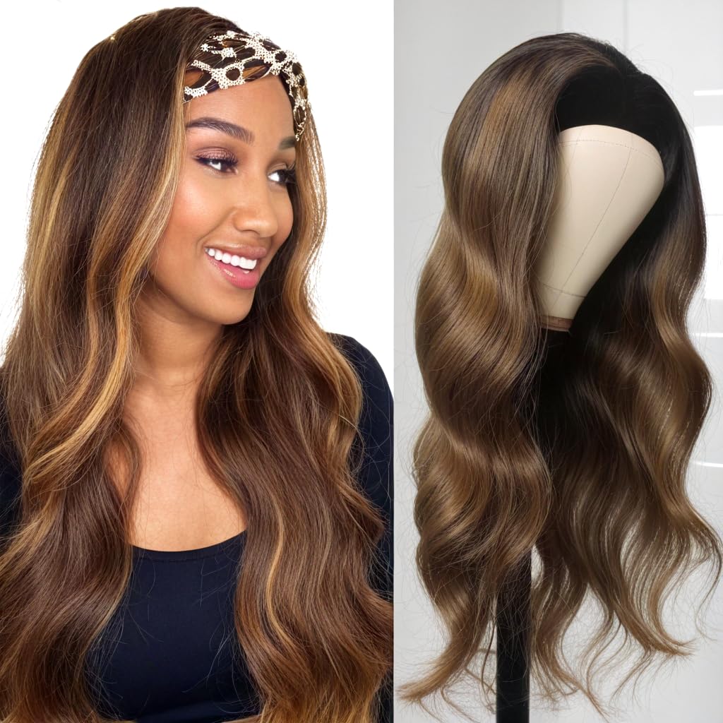 olimaruly Highlight Ombre Headband Wig Human Hair Body Wave Wigs 20 inch None Lace Front Wig Human Hair Glueless Wigs Body Wave Headband Half Wigs for Black Women 150% Density Honey Blonde