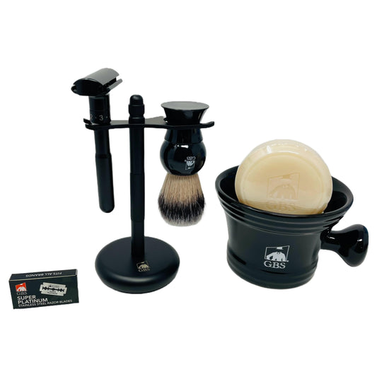 G.B.S Black Adjustable Double Edge Safety Razor and 10 Refill Blades, Shaving Brush, Shaving Soap Mug with Knob Handle, Dual Stand Brush Gift Set for Men