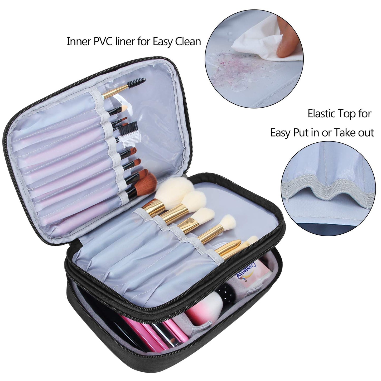 Teamoy Travel Makeup Brush Case(up to 8.8"), Professional Makeup Train Organizer Bag with Handle Strap for Makeup Brushes and Makeup Essentials-Medium, Black(No Accessories Included)