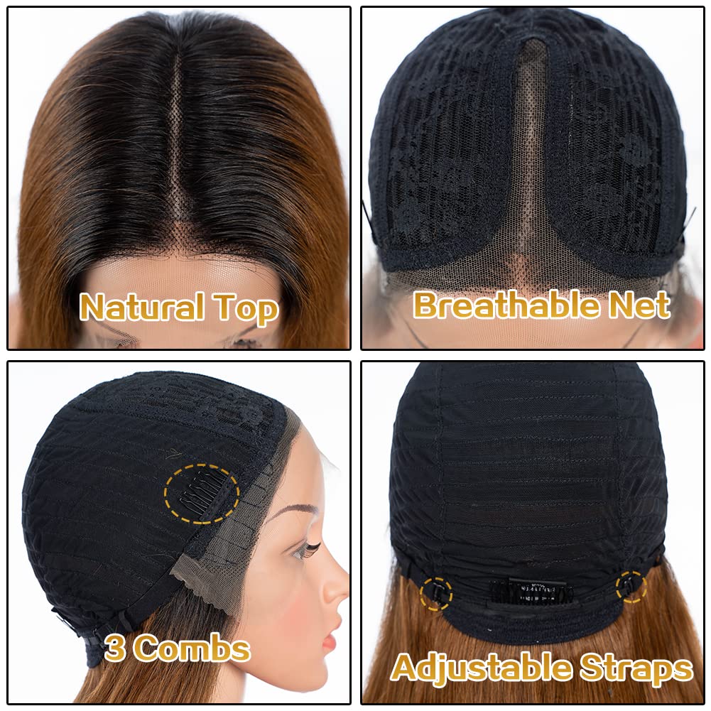 JOEDIR HAIR Ombre Brown Straight Lace Front Wig for Black Women Brazilian Virgin Human Hair 13x4x1 T Part HD Lace Frontal Wigs Pre Plucked with Baby Hair 150% Density (14 Inch, TT1B/30)