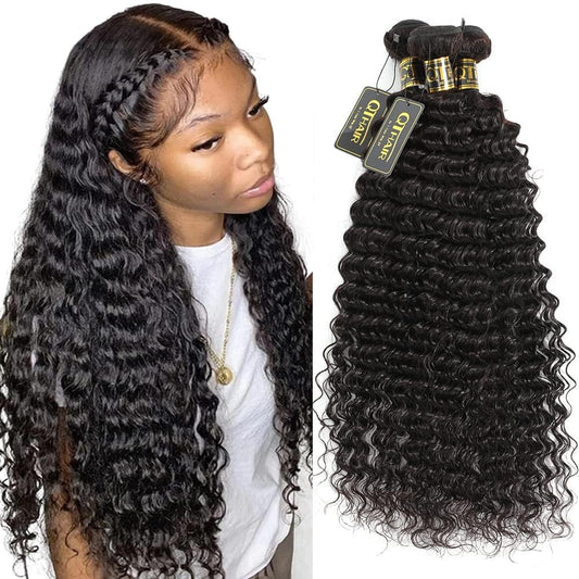 QTHAIR 14A Brazilian Virgin Hair Deep Wave Hair Extensions(22" 20" 18",300g,Natural Black) 100% Unprocessed Deep Wave Brazilian Virgin Human Hair Wave Bundles