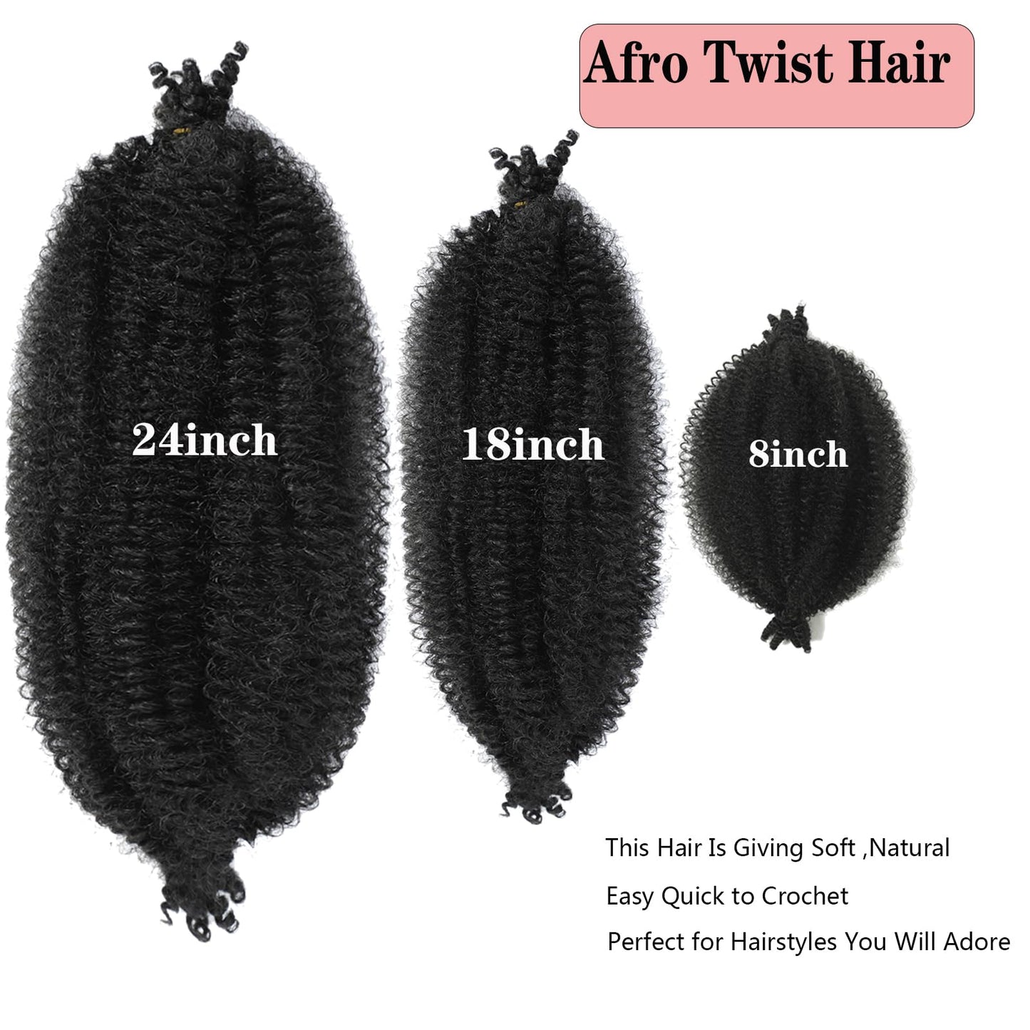 8 Packs Springy Afro Twist Hair Marley Twist Braiding Hair 24 Inch Pre-Separated Black Kinky Twist Hair For Women Afro Spring Twist Hair Wrapping Hair for Soft Locs (24 Inch (Pack of 8), 1B#)