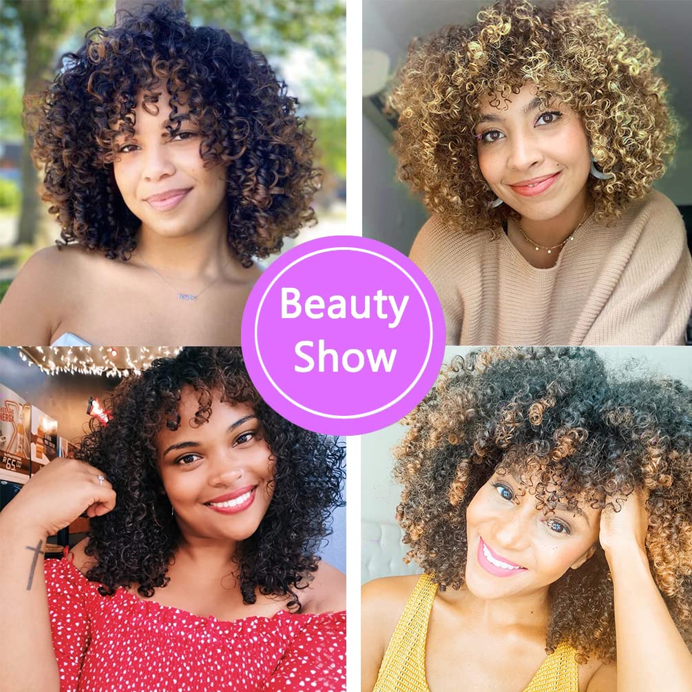 maxknow Curly Wigs for Black Women Fluffy Curly Afro Wig for Women Soft Synthetic Curly Black Wig with Bangs Full Wigs for Women Daily Use (1B Natural Black)