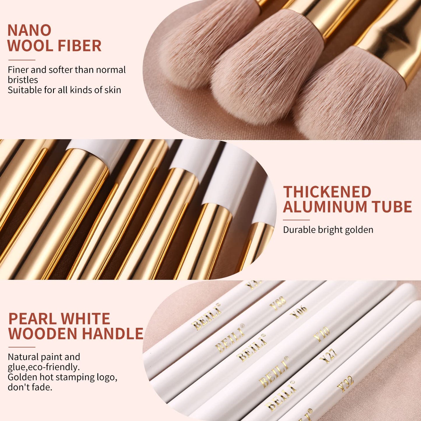 BEILI Eye Makeup Brushes 10Pcs Eyeshadow Brush Set Premium Pink Vegan Synthetic Eye Shadows Blending Concealers Eyebrow Eyeliner Professional Make Up Brushes Set (White/Rose Gold)