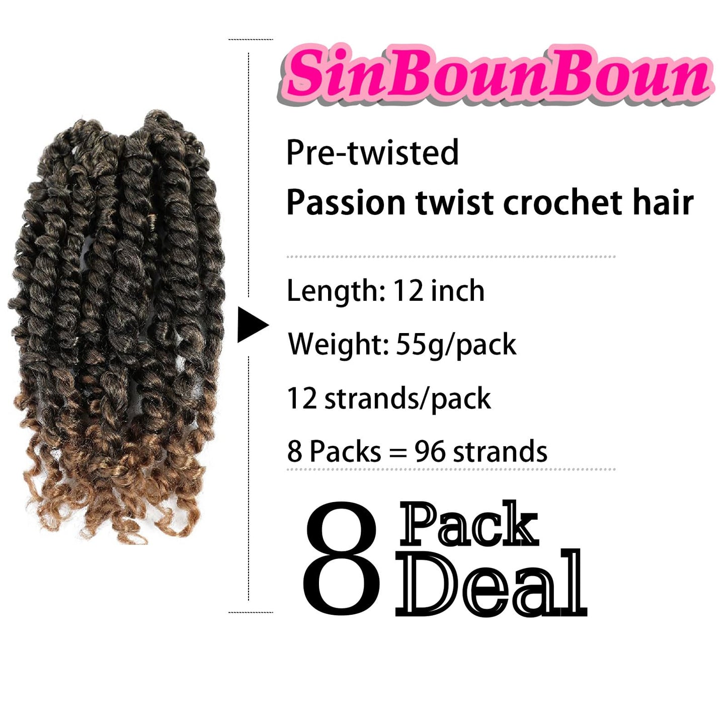 Passion Twist Crochet Hair 8 Packs 12 inch Pre-twisted Short Bohemian Braids Synthetic Pre Looped Passion Twist Hair Extensions (12" T27, 8P)