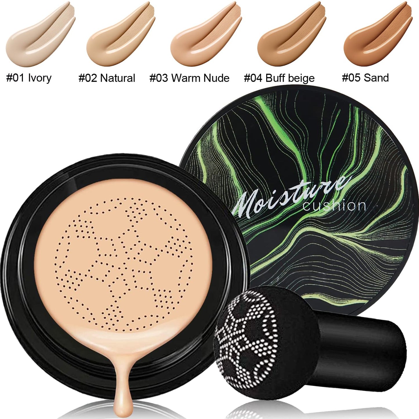 Mushroom Head Air Cushion CC Cream Natural Foundation,Phoera Powder, Bright Makeup Base Long Lasting with Makeup Sponge and Flat Top Kabuki Foundation Brush (#04 Buff Beige)