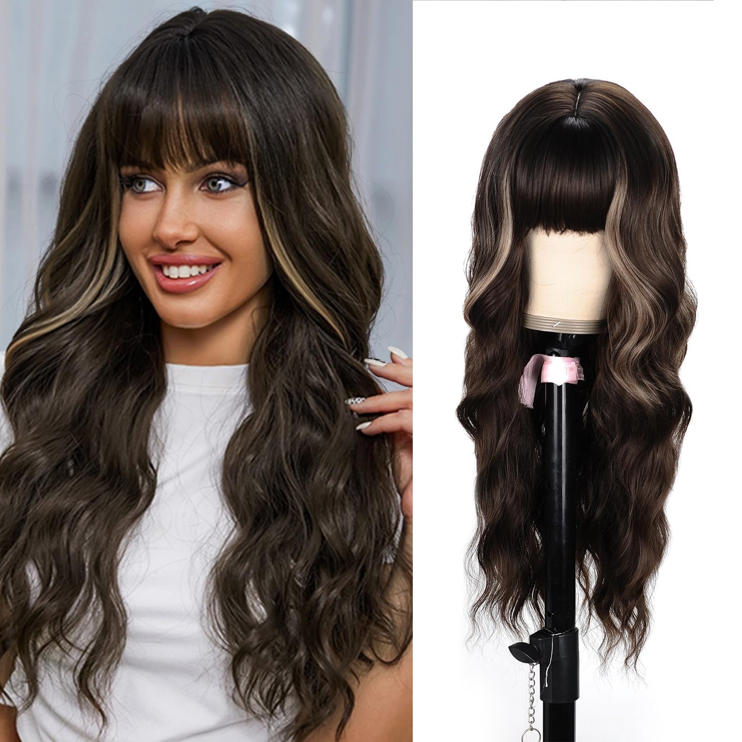 Remy Blue Long Brown Wig With Bangs for Women 26 Inch Long Wavy Hair Wig Brown Hightlight Curly Wavy Wig Natural Looking Synthetic Heat Resistant Fiber Wig for Daily Party Use