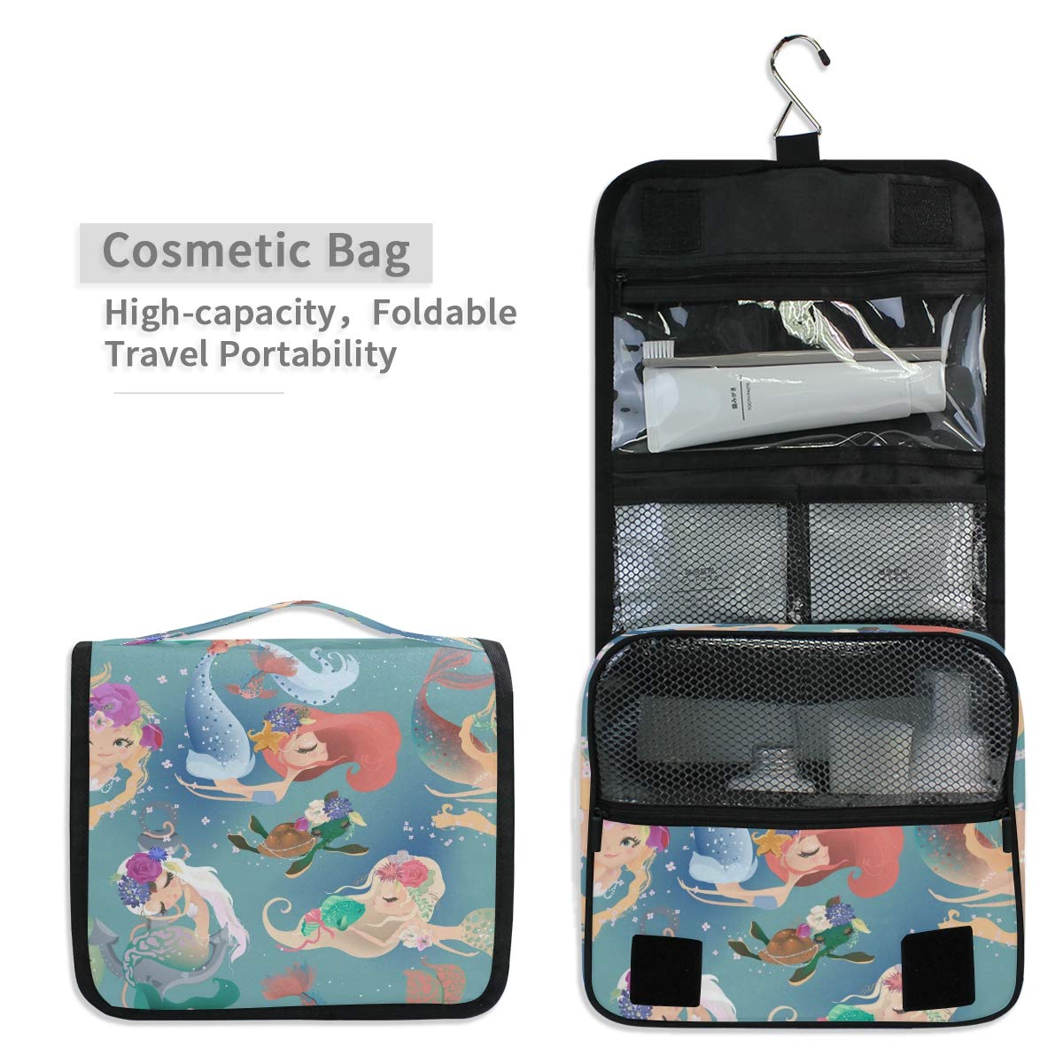 Hanging Travel Toiletry Bag Kit Makeup Case Cosmetics Organizer for Men Women (Mermaid Girls Princess)