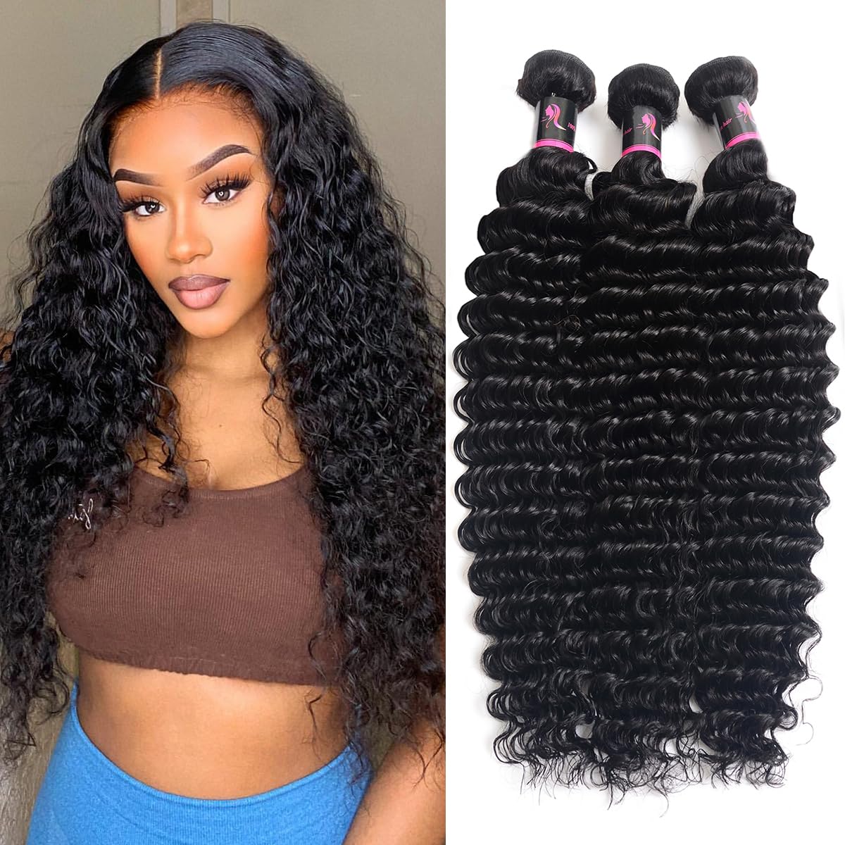 Beauty Youth Deep Curly Human Hair 3 Bundles(16 14 12inch)100% Unprocessed Brazilian Virgin Deep Wave Hair Weave 3 Bundles Human Hair Deep Curly Hair Extensions Natural Color