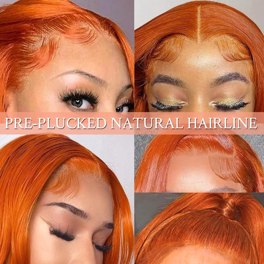 Hevgf 14 inch Ginger Lace Front Wigs Human Hair Ginger Orange Straight Human Hair Wig 13x4 Hd Lace 88j Colored Wigs Human Hair Pre Plucked With Baby Hair For Woman 180% Density