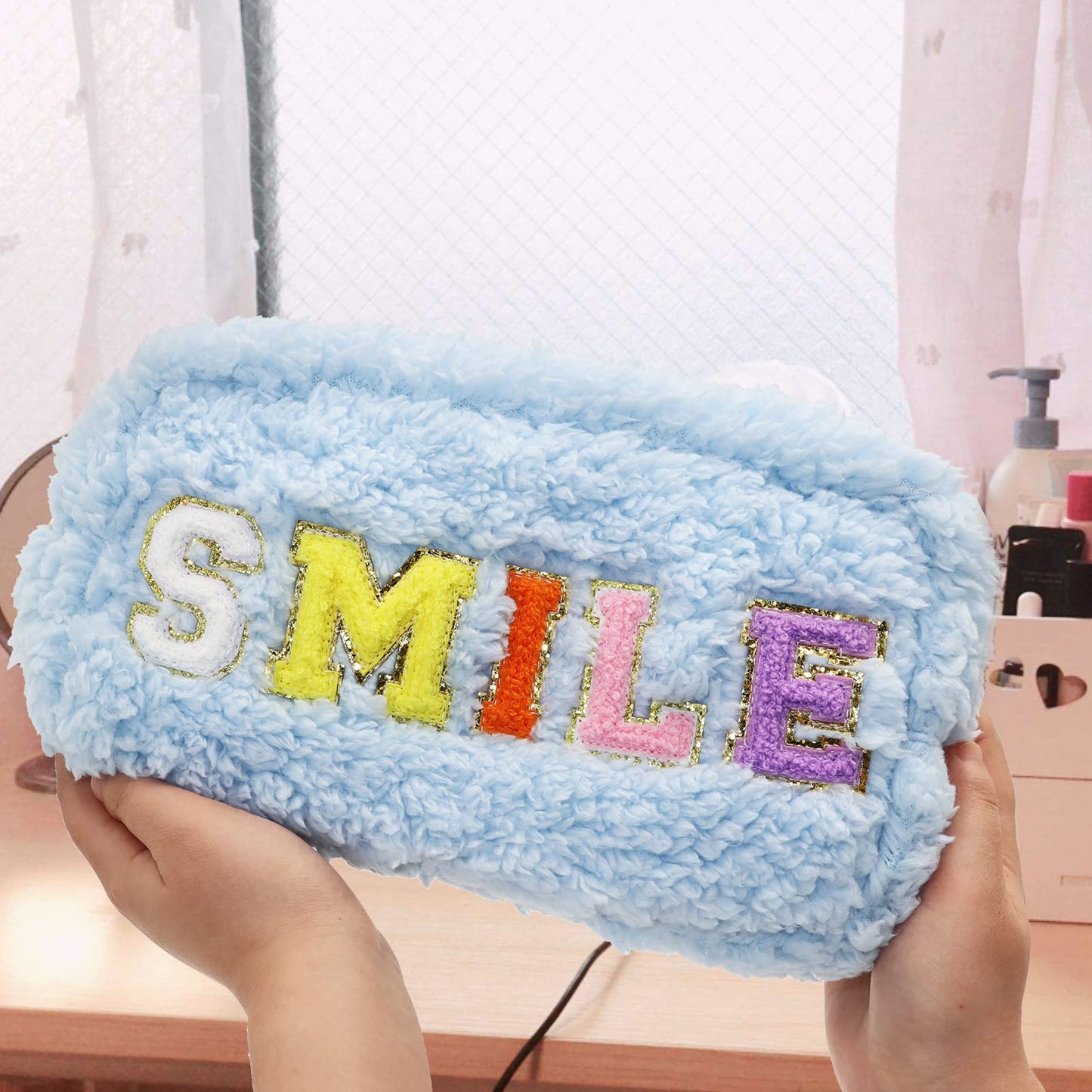 WOLECX Preppy Makeup Bag Cute Fuzzy Chenille Letter Nylon Pouch, Kawaii Plush Small Cosmetic Bag For Purse, Portable Travel Soft Warm Travelling Organizer Bags 12+ (Light Blue Smile)